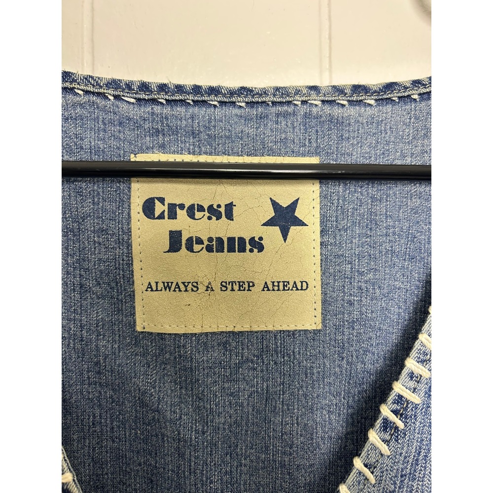 Crest Jeans Top L Blue Crochet Sleeve Denim V-Neck Boho Y2K Western Festival - Picture 5 of 11